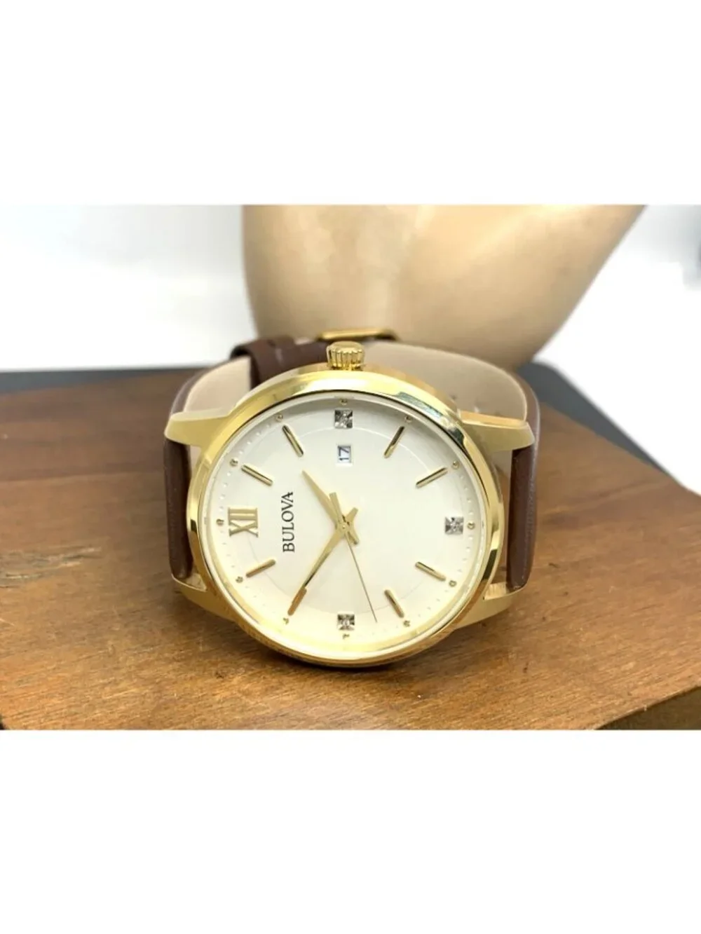 Bulova Men's Watch 97D125 Quartz Diamond Accent Gold Steel Brown Leather 41mm